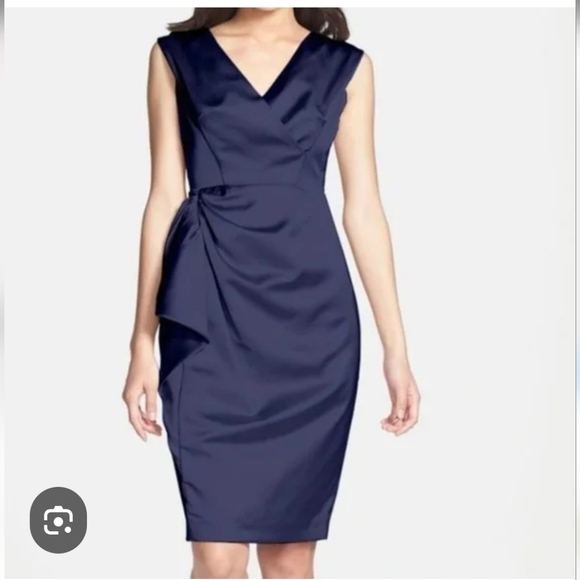 Maggie London Midnight Blue Satin Cocktail Side Bustled Pencil Midi Dress Sz 14 - Picture 12 of 12